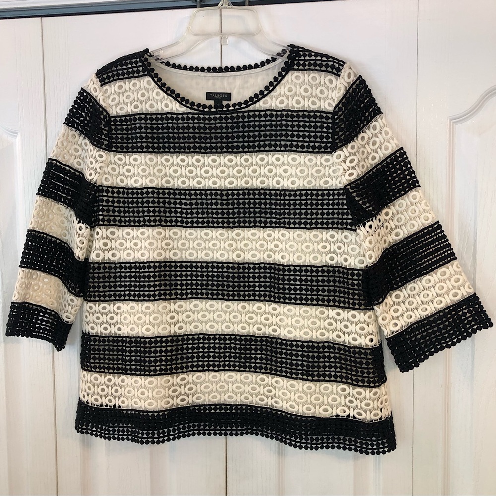Talbots Petites Embroidered Black/White 3/4 Sleeve Lined Women’s Shirt Mp